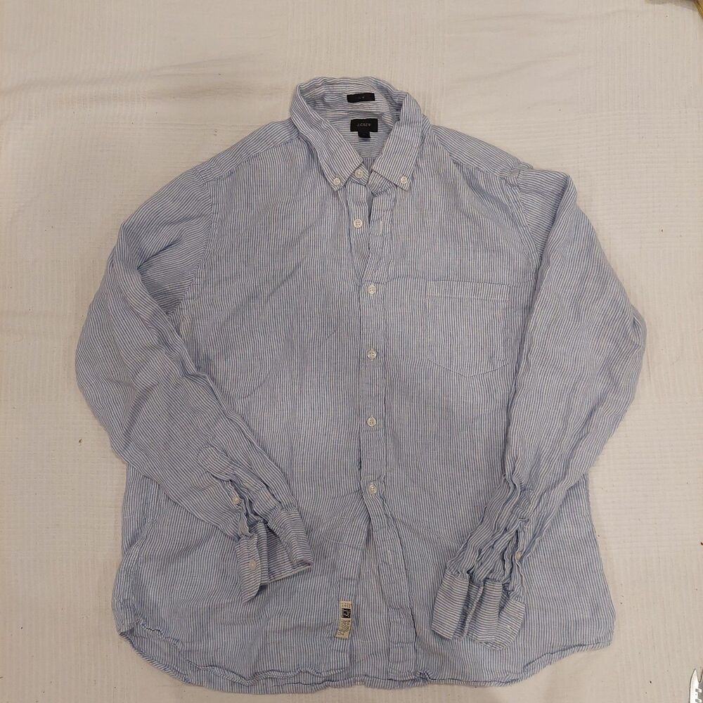 J Crew Irish Linen Shirt Mens Blue White Vertical Striped Baird McNutt Slim XL